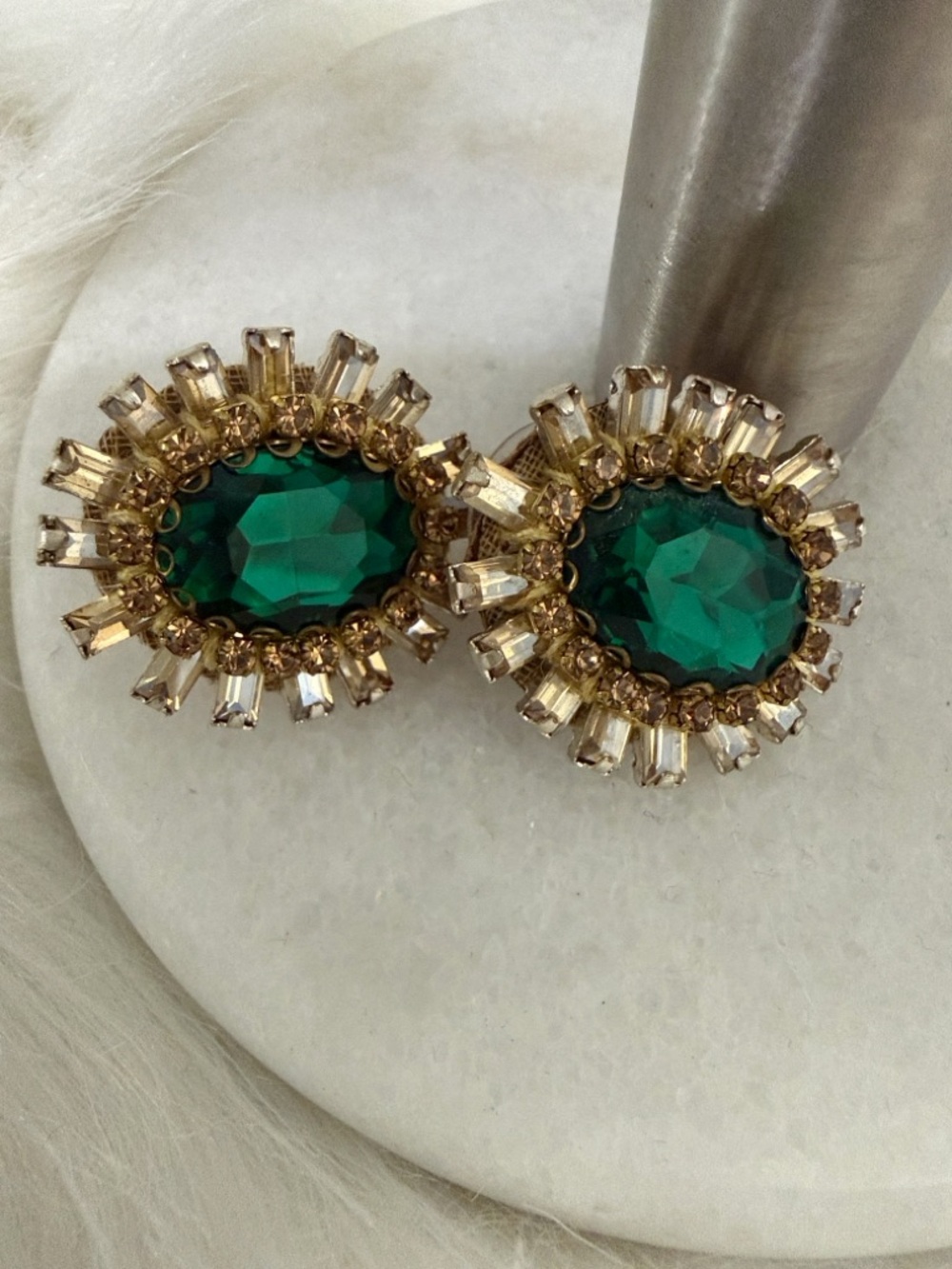Emerald Green Crystal Halo Statement Earrings - Gold Tone Vintage suede back